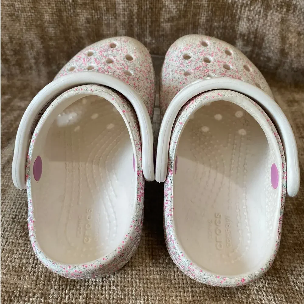 Crocs Kids Classic Glitter Speckle Clogs White Pink C6 Comfort Shoes